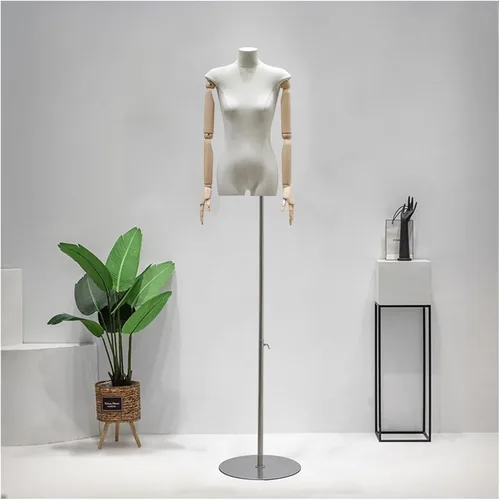 Vista 8 de Maniquí de forma de vestido femenino ajustable, cuerpo de torso de tela de lino para costura y exhibición, maniquí de sastre con soporte de metal