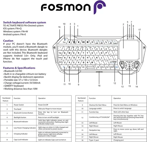 Vista 8 de Fosmon Mini teclado Bluetooth (teclado QWERTY), inalámbrico, portátil, con panel táctil, compatible con Apple TV, Amazon Fire Stick, PS4, PS4 Pro