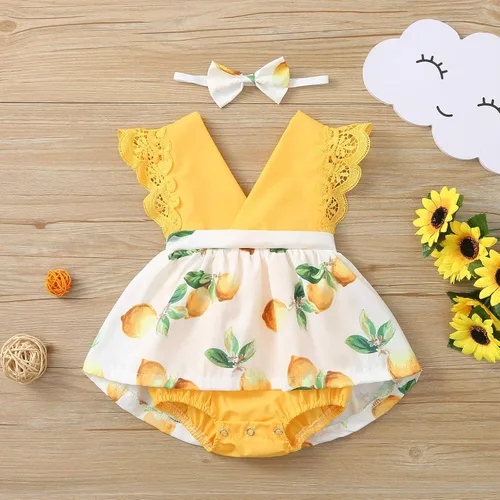 Vista 2 de Mameluco con estampado de manga mosca de encaje para niñas recién nacidas, conjunto de diadema para baile 2t (amarillo, 9-12 meses)