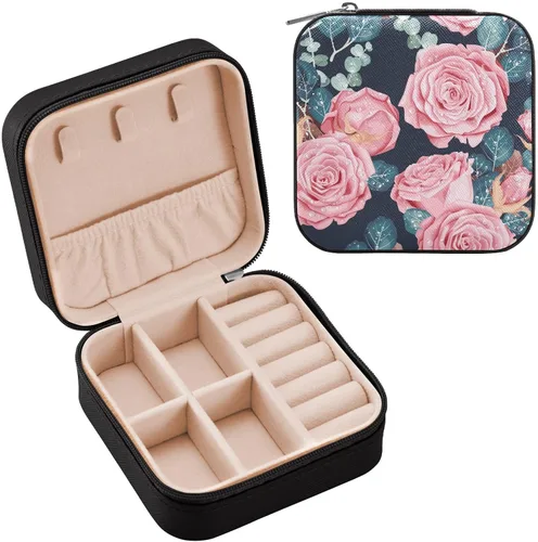 Vista 2 de GUIJI Pink Roses PU Leather Jewelry Organizer, Portable Small Jewelry Box Travel Jewelry Case Earrings Necklace Bracelet Rings for Women Girls