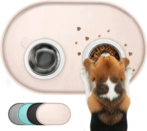 Vista 13 de Tapete de silicona para comida para perros con bolsillo lateral y agujero de gancho, bordes elevados suaves, fácil de limpiar, impermeable, Gris