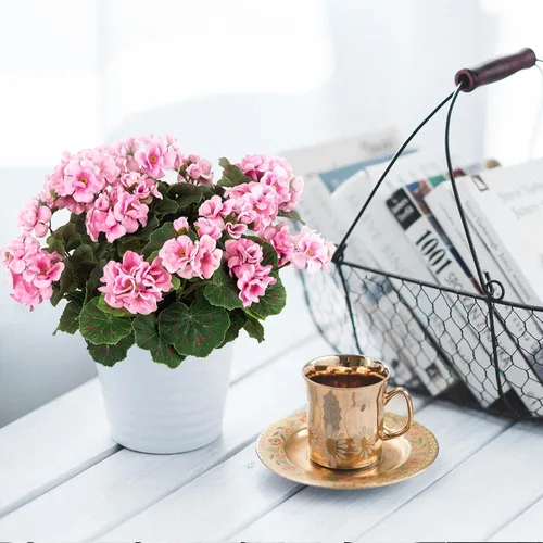 Vista 6 de 4 piezas de plantas falsas para decoración del hogar, flores artificiales, geranios artificiales, flores artificiales para exteriores, ramo de seda