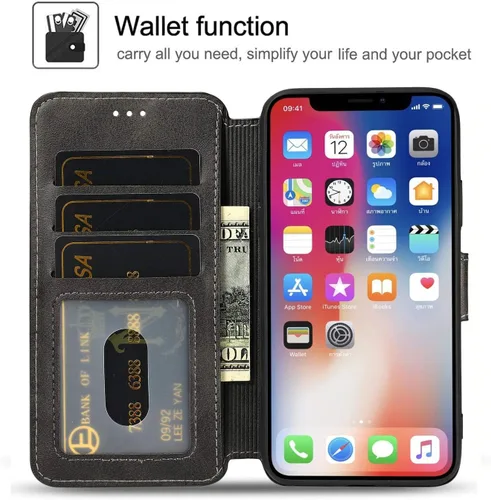 Vista 2 de QLTYPRI - Funda tipo cartera para iPhone Xs Max, color negro Funda simple de piel sintética con ranuras para tarjetas, cierre magnético, a prueba