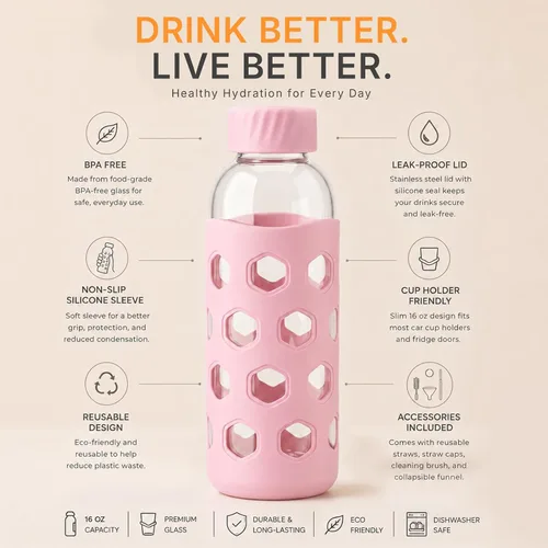 Vista 3 de [Usado] Sursip 16 oz Glass Juice Bottles with Lids, 6 Pack Reusable Clear Glass, Silicone Sleeves and Straws, Leakproof, For Juicing, Smoothies