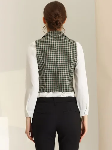 Vista 4 de Allegra K Chaleco a cuadros para mujer, cuello de solapa con muescas, chaleco vintage de un solo pecho