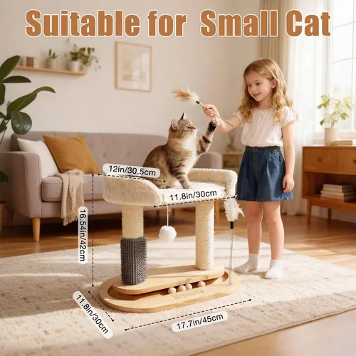 Vista 2 de Torre de árbol pequeño para gatos, poste rascador para gatos de 16.5 pulgadas de alto con cama, árbol para gatos 6 en 1 con cepillo de aseo