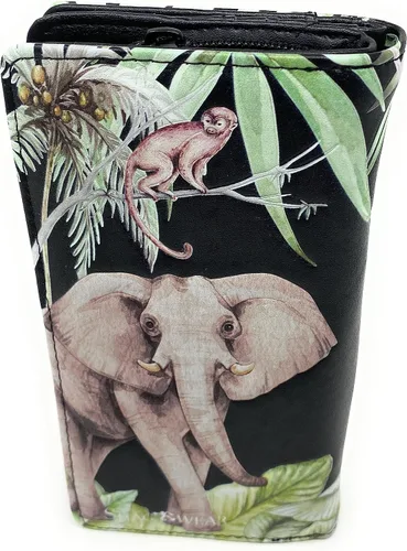 Vista 2 de Shag Wear Elephant Jungle - Cartera grande de animales para mujeres y adolescentes, piel sintética vegana de 7 pulgadas, color negro, Negro