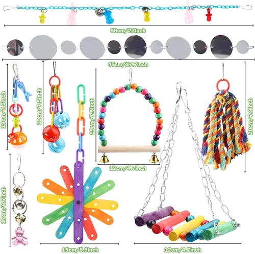 Vista 2 de QUOZUO 9 piezas de juguetes para pájaros de cacatúa, accesorios de jaula de loros, cuerda de columpio, juguete de masticación de perca de madera