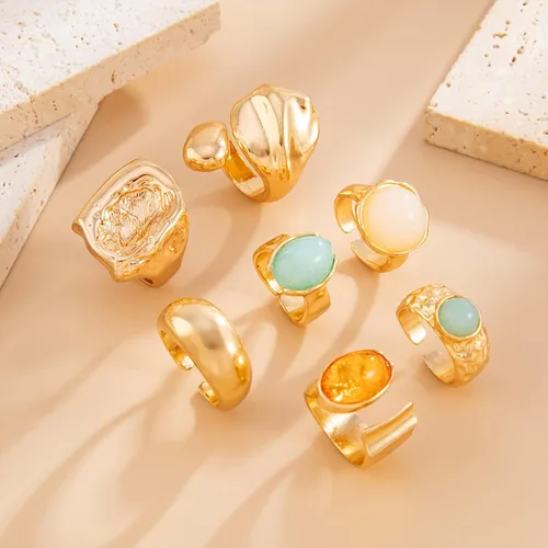 Vista 5 de Anillos gruesos para mujer, apilables, vintage, ajustables, para mujer, juego de anillos dorados con piedra llamativa, no se deslustra, joyería