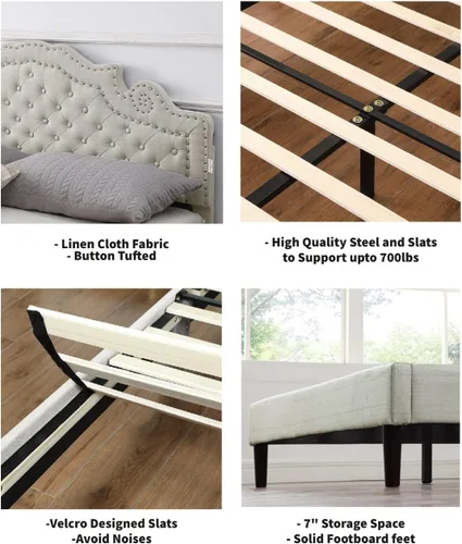 Vista 6 de Base de cama de plataforma tapizada tamaño Queen con cabecero ajustable de 47 pulgadas de alto, cama de lino copetuda con botones, soporte de Beige