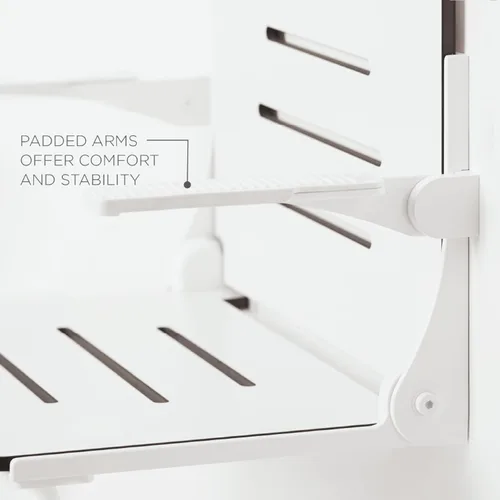 Vista 4 de Seachrome Silhouette Comfort Plus Asiento plegable resistente para ducha de montaje en pared con reposabrazos y patas, asiento blanco con marco