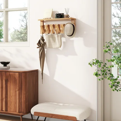 Vista 2 de YMYNY Perchero de pared montado en pared con estante, estante de pared con ganchos retráctiles, perchero de pared de madera para colgar Natural