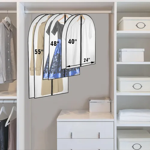 Vista 12 de Bolsas de ropa de 50 pulgadas para colgar ropa, fundas transparentes a prueba de trajes con refuerzos de 4 pulgadas para almacenamiento en armario