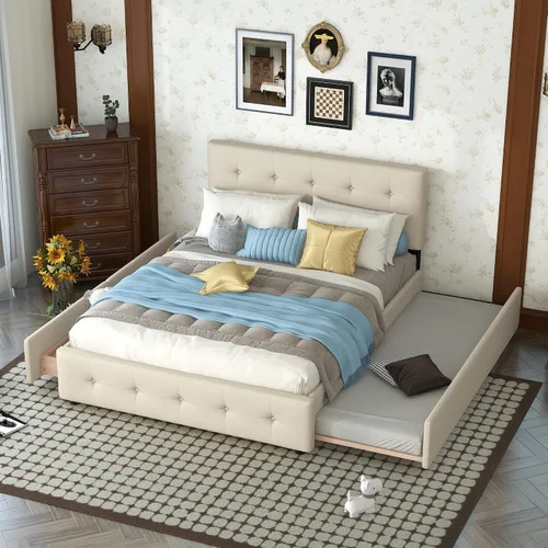 Vista 2 de Bellemave Base de cama Queen con nido y 2 cajones de almacenamiento, cama de plataforma tapizada de lino con cabecera capitoné, camas tamaño Queen