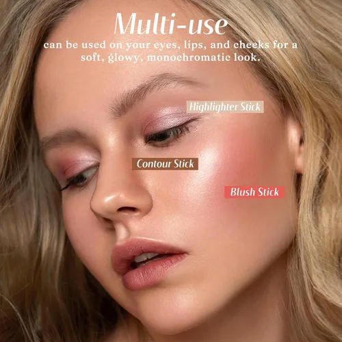 Vista 8 de KIMUSE Trío de palitos faciales, barra de rubor crema e iluminador y barra de contorno para esculpir las mejillas, trío de contorno de crema