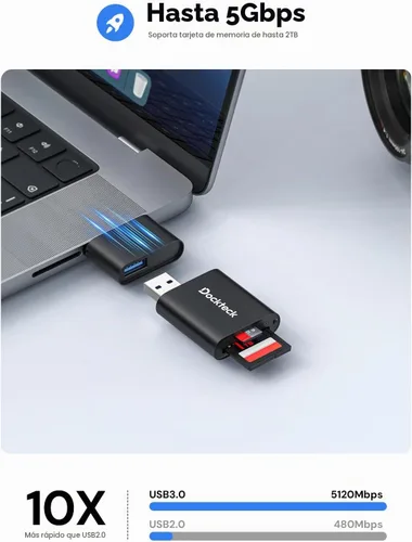 Vista 2 de Lector de Tarjetas SD, Adaptador de Tarjeta Micro SD a USB 3.0 de Dockteck, Lector de Tarjetas de Memoria SD de 5G, Adaptador USB A - C, Lector