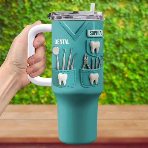 Vista 2 de Celebra tu pasión por la odontología con herramientas esenciales, vaso personalizado de 40 onzas con popote, regalo para profesionales dentales