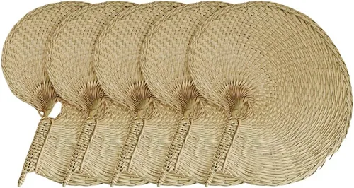 Vista 10 de Abanicos de mano de rafia de bambú natural, abanico de bambú de hoja de palmera, estilo chino, hecho a mano, diseño plegable tejido rústico