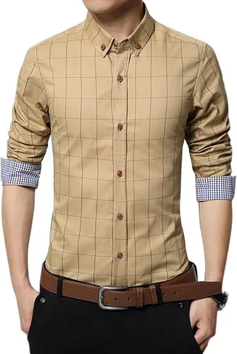Vista 8 de LOCALMODE Camisa de vestir de manga larga 100% algodón para hombre, ajuste delgado, con botones