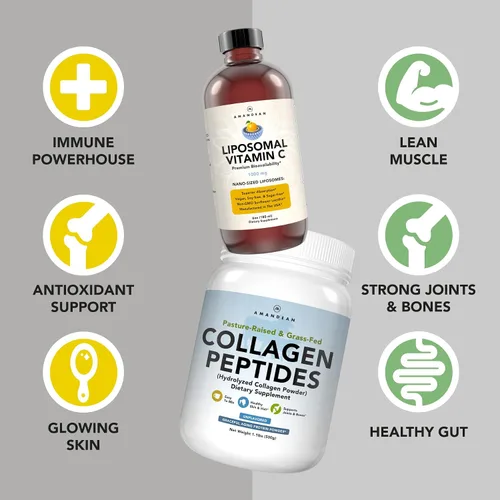 Vista 2 de AMANDEAN Paquete de péptidos liposomales de vitamina C y colágeno bovino de primera calidad. Potente antioxidante. Líquido Quali-C. Colágeno