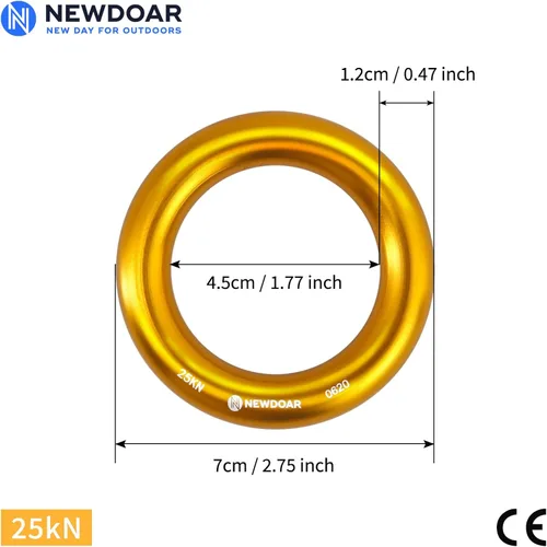 Vista 2 de NewDoar Rappel Ring 25kN Oro Grande O-Ring Cuerda Conector para Escalada Arborista Rescate Hamaca y Slackline