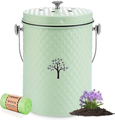 Vista 12 de AOSION Contenedor de compostaje para encimera de cocina, contenedor de compostaje interior resistente al olor con tapa y 50 bolsas de compost, Azul