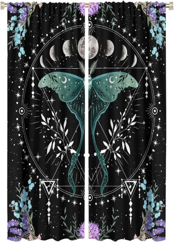 Vista 13 de Cortinas de mariposa de fantasía, polilla, sol, luna, estrella, arte floral, estampado floral, bolsillo para barra, cortinas opacas para ventana