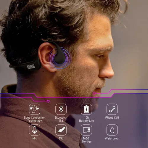 Vista 2 de August Auriculares de conducción ósea Bluetooth 5.3 Open Ear EP400 con micrófono y reproductor MP3 de 16 GB, ligeros inalámbricos e impermeables