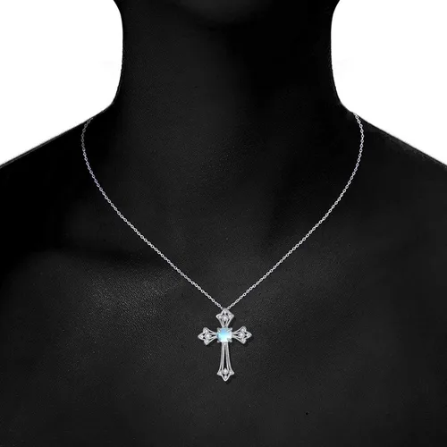 Vista 2 de PRAYMOS - Collar de plata de ley 925 con dije de cruz lateral, para mujer, ópalo sintético, cadena de 18 pulgadas y extensor ajustable de 2 pulgadas