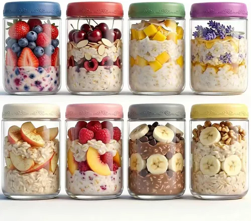 Vista 7 de Paquete de 4 de 10 OZ, Frascos para Avena Nocturna con Tapas, Recipientes de Vidrio para Preparación de Comidas, Frascos Mason Herméticos