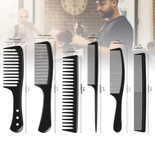 Vista 4 de Kolavia Juego de 6 peines para el cabello, color negro, duradero, ancho y fino, cola de rata, peine de peluquería para mujeres y hombres, peines