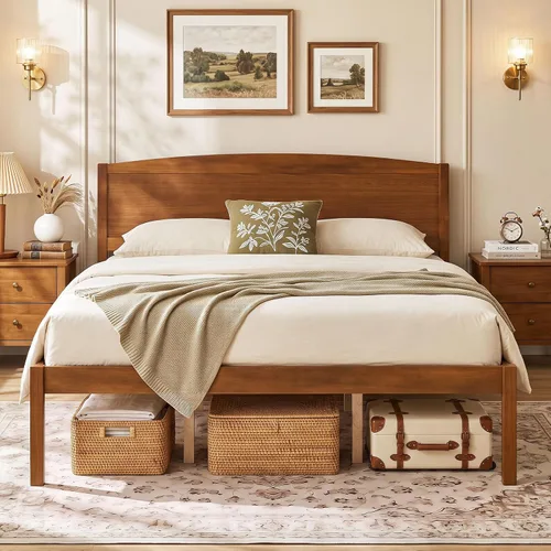 Vista 17 de GIANTEX Twin Size Wooden Bed Frame with Curved Headboard, Wood Slat Support