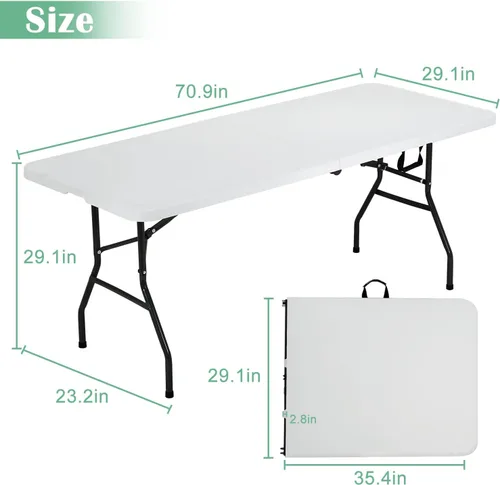 Vista 3 de Mesa plegable portátil de 6 pies plegable por la mitad con asa, soporta hasta 500 libras, mesa de comedor para interiores y exteriores para fiestas