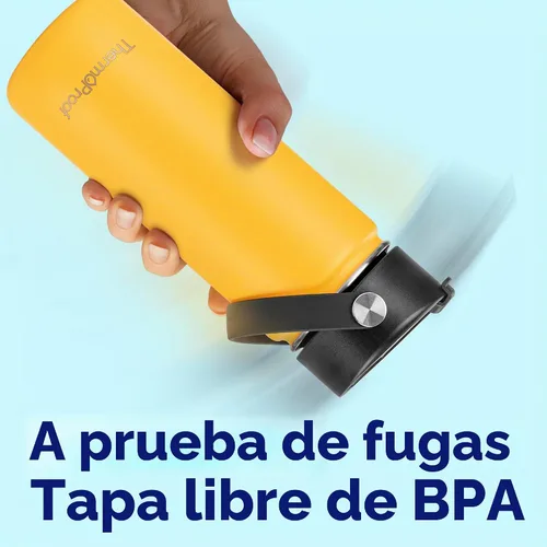 Vista 7 de Botella de agua aislante ThermoProof – Acero inoxidable, boca ancha, tapas abatibles y con boquilla, a prueba de fugas, apta para lavavajillas Ámbar