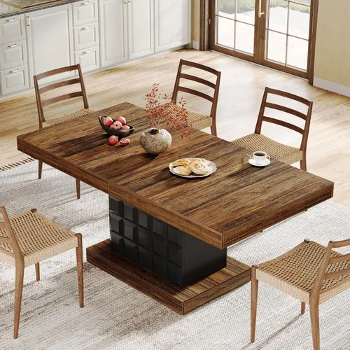 Vista 5 de Tribesigns Mesa de comedor de 63 pulgadas para 4-6, mesa rectangular de madera de granja con relieve geométrico, base de pedestal (café y negro)
