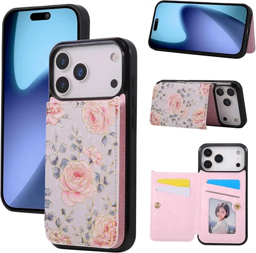 Vista 39 de UEEBAI Funda tipo cartera para iPhone 13 con tarjeteros, piel sintética, diseño floral, función atril, bloqueo RFID, doble cierre magnético, funda