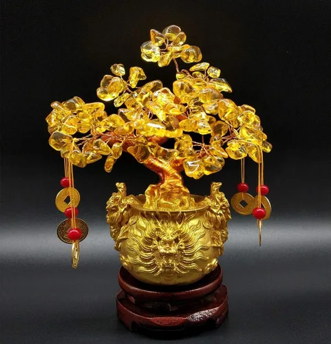 Vista 3 de Colorsheng Feng Shui - Árbol de dinero de cristal de cuarzo citrino, decoración estilo bonsái para suerte y riqueza (macetas de dragón)