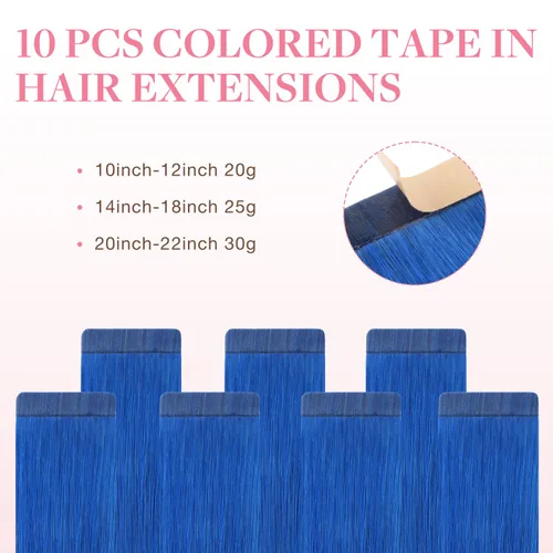 Vista 3 de GOO GOO Extensiones de cabello humano con cinta, color azul, 10 pulgadas, 0.71 oz, 10 unidades, extensiones de cabello humano con cinta invisible
