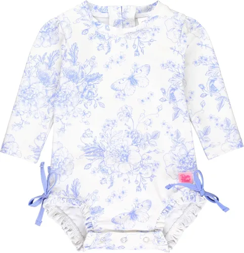 Vista 62 de RuffleButts - Traje de baño de una pieza con protección solar UPF 50+, camiseta de protección floral estampado, manga larga, con cierre zipper