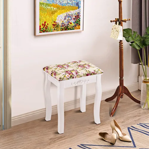 Vista 8 de Giantex Taburete de tocador de madera, silla acolchada, asiento de piano de maquillaje, banco de maquillaje con cojín rosa (blanco)