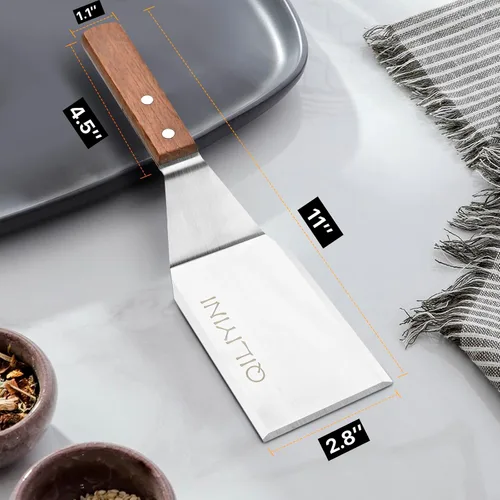 Vista 3 de Espátula de acero inoxidable para sartén de hierro fundido, espátula para parrilla con mango de madera, tortitas de metal resistente