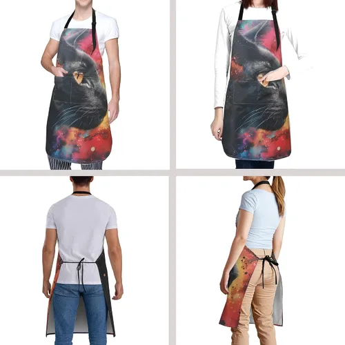 Vista 6 de Delantal impreso delantales de pintura de poliéster con bolsillo para cocinar cocina a la parrilla adultos