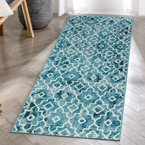 Vista 11 de Moynesa Alfombra marroquí lavable de 2 x 3 pulgadas, pequeña, azul, para cocina, baño, suave, antideslizante, de pelo bajo, moderna, geométrica
