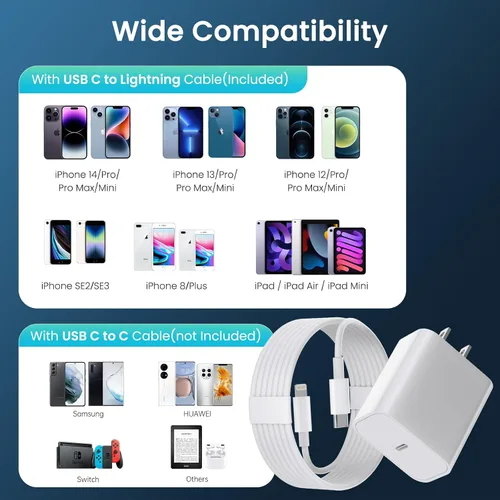 Vista 11 de Cargador de iPhone de carga rápida【Certificado MFi】 Paquete de 2 cargadores de pared USB C de 20 W PD con cable de carga rápida de 1.8 y 3 metros