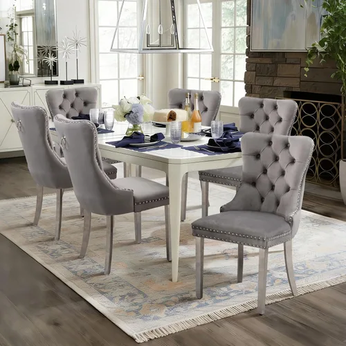 Vista 111 de Juego de 2 sillas de comedor de terciopelo con patas de madera, color beige Mid Century Modern Dining Chairs,Upholstered Chairs with Nailhead