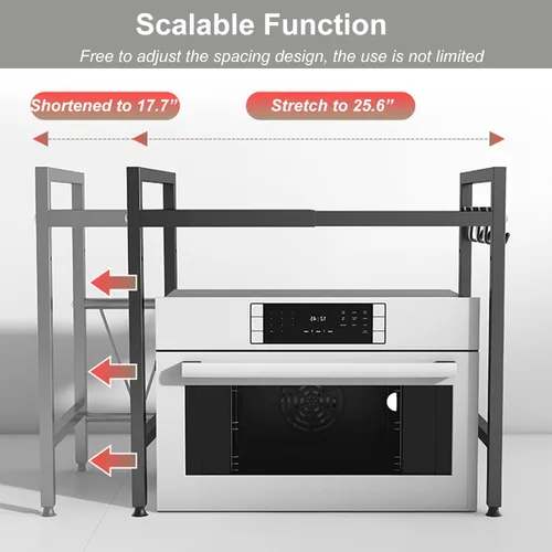 Vista 4 de Soporte Expandible para Microondas de Encimera, Estante Sobre Microondas de 3 Niveles Resistente con 8 Ganchos, Estante Ajustable de Altura de Acero