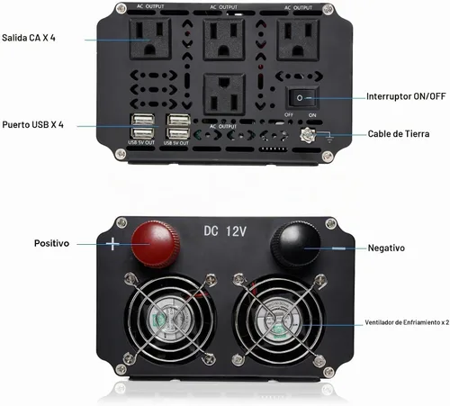 Vista 3 de Inversor de corriente de 2500 vatios de 12 V a 110 V/120 V CC a CA, pico de 5000 W, con control remoto y LCD, 4 salidas de CA y 4 puertos USB