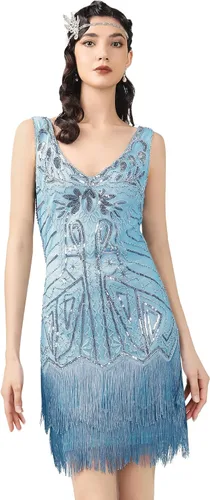 Vista 11 de BABEYOND Vestido de mujer con estilo charlestón de los años 20, cuello en V, con cuentas y flecos, estilo Gran Gatsby