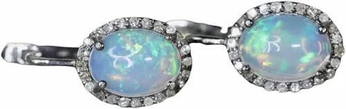 Vista 2 de Aretes ovalados con piedras preciosas de ópalo auténtico, con diamantes genuinos, idea de regalo para el día de San Valentín y Día de la Madre
