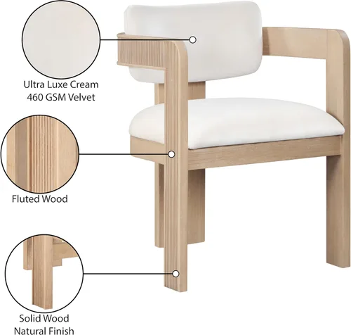 Vista 10 de Meridian Furniture 11094Cream-C Sacha Collection Silla de comedor Art Deco, terciopelo crema Ultra Luxe, terciopelo de 460 GSM, acabado natural